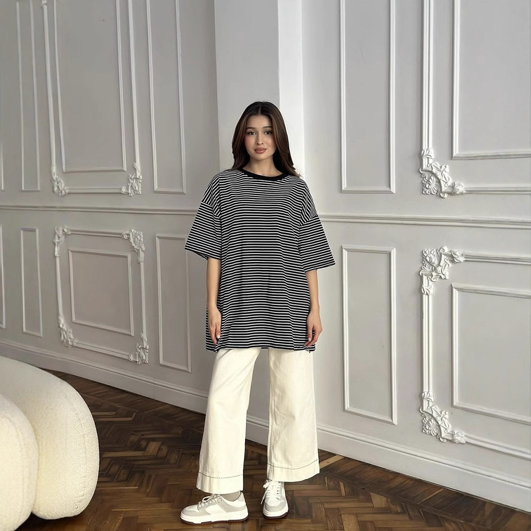 Womens Black and White Striped Short Sleeve T Shirt Color Block Loose Fit Round Neck Casual Top Spring Summer