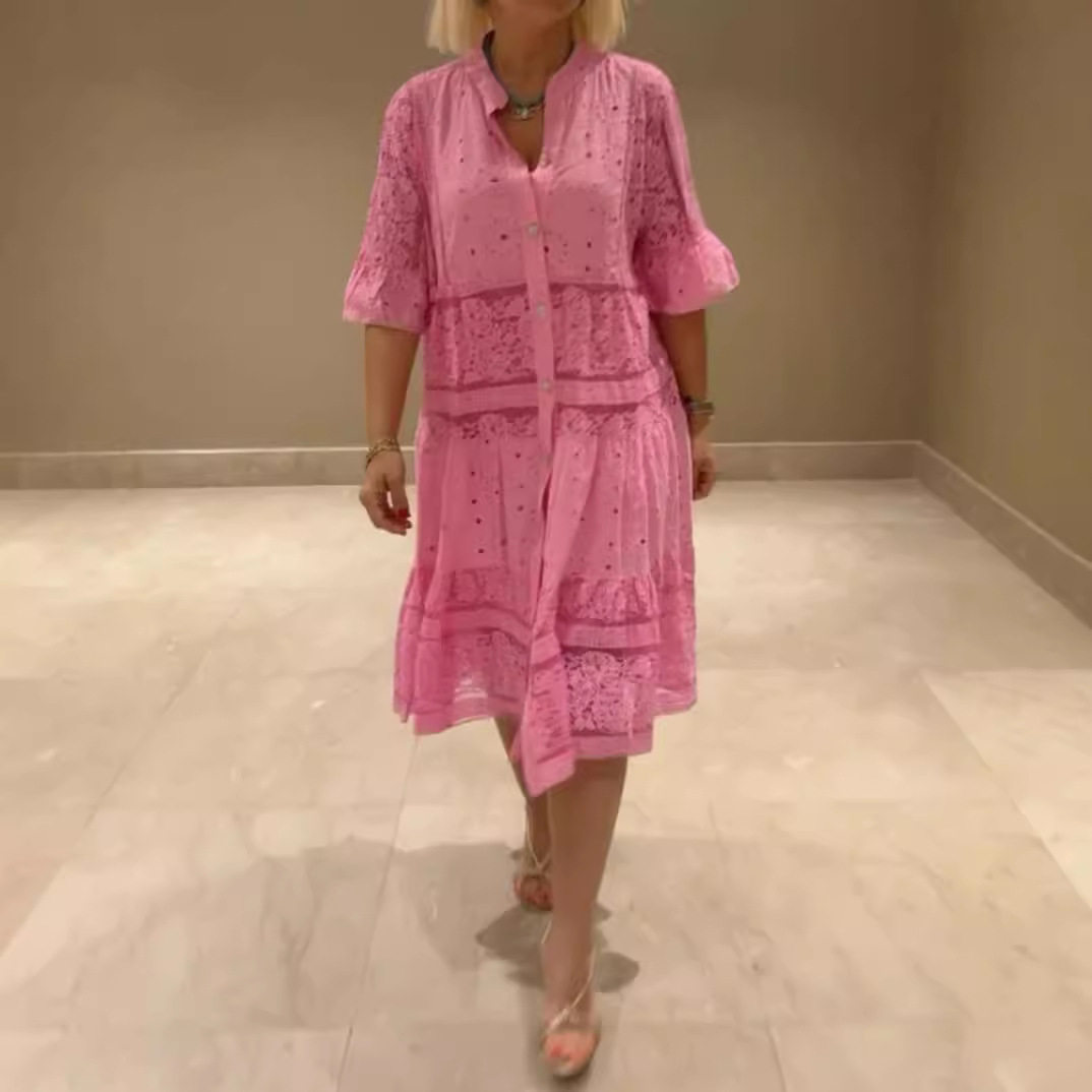 Summer Womens Dress Solid Color V Neck Button Detail Lace Insert Casual or Party Wear Wholesale Available