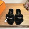 25 Autumn/Winter New Hhh Genuine Fur Slippers for Women, Versatile Plush Warm Metal Buckle with Fleece, Flat Open-Toe for Outdoor Wear
