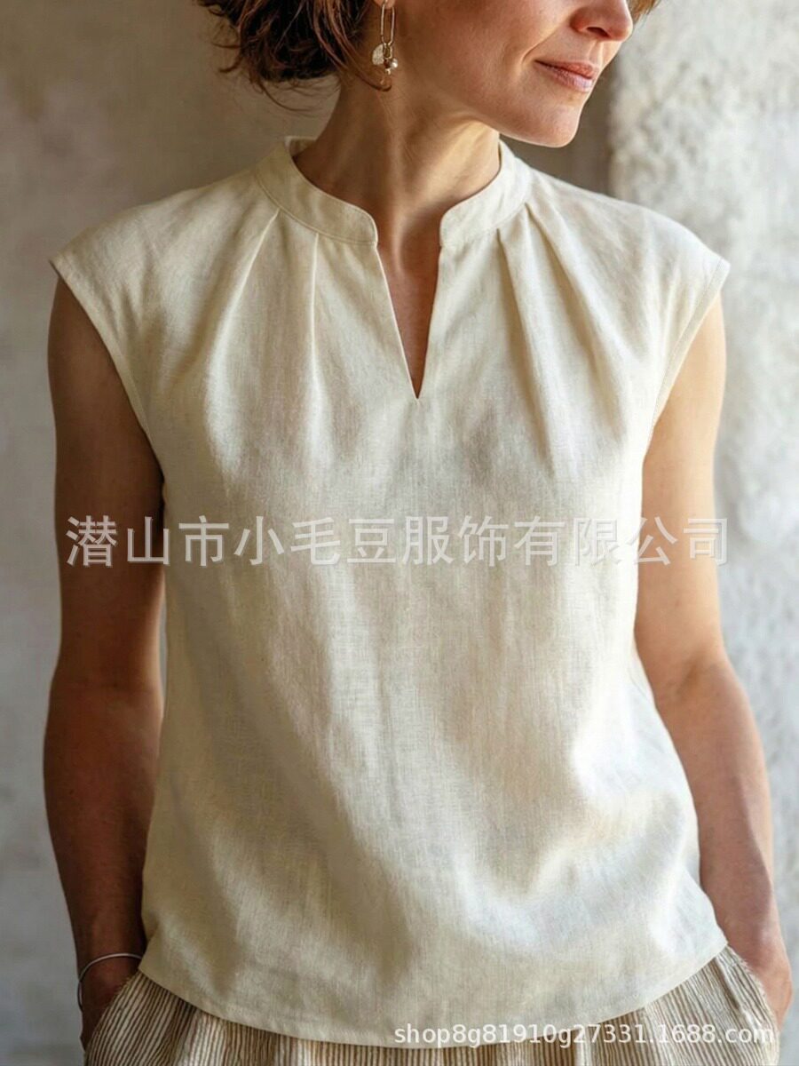 Womens Summer Sleeveless T Shirt Light Beige Linen Pleated Loose Fit Small Stand Collar Casual Style Wholesale