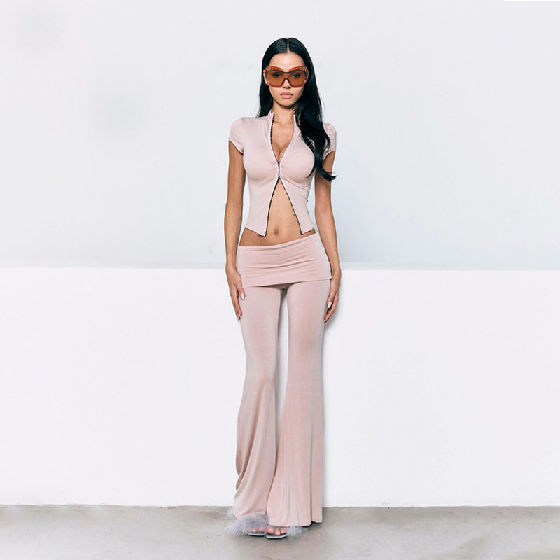 Womens Two Piece Set Cropped Button Up Top Low Waist Flared Pants Casual Fashion for Summer Wholesale Available