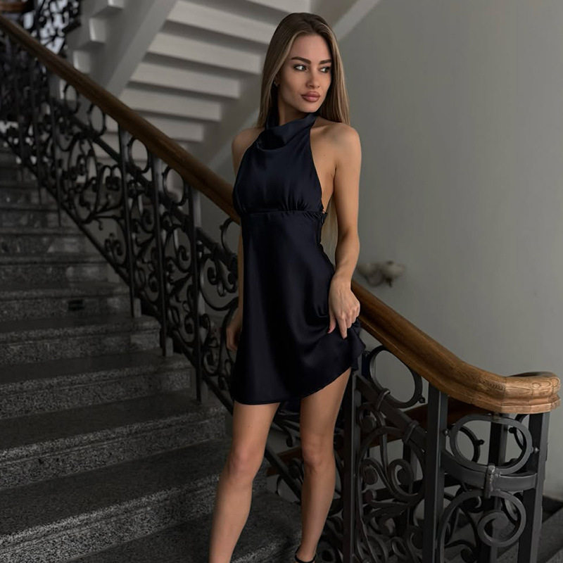 Sleeveless Halter Neck Dress Solid Color Backless Versatile Casual Vacation Style Wholesale Available