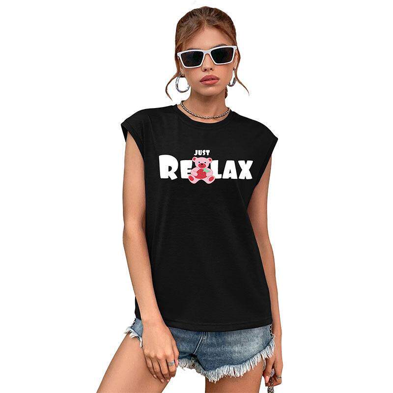 Womens Black Printed Short Sleeve T Shirt Summer Casual Style Trendy European and American Fashion Wholesale Available