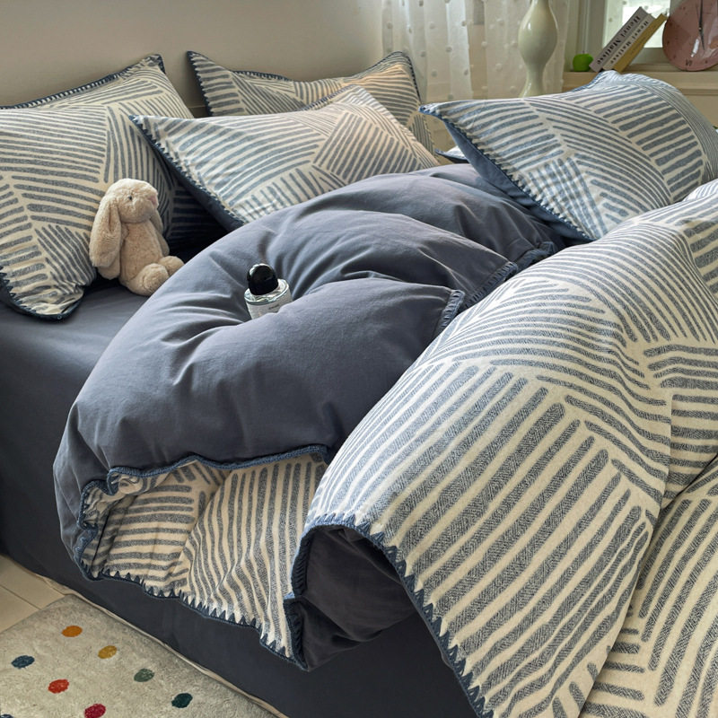 Casual Autumn and Winter Pure Cotton Brushed Bed Four-Piece Set Thickeneded Cotton Quilt Cover Accessible Luxury High-End Bed Bed Sheets Three-Piece Set