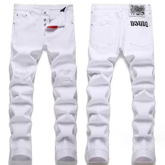 Foreign Trade Pure White DSQ Jeans Men's Slim Fit Ripped Cotton Elastic Petty Bourgeoisie All Year Round Casual Cotton European and American Men