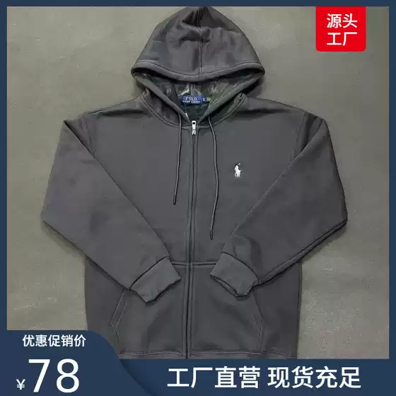 Autumn and Winter Fleece-Lined Paul Pony Embroidered Pure Color Sweatshirt Men's Casual Hooded Zipper Cardigan Jacket