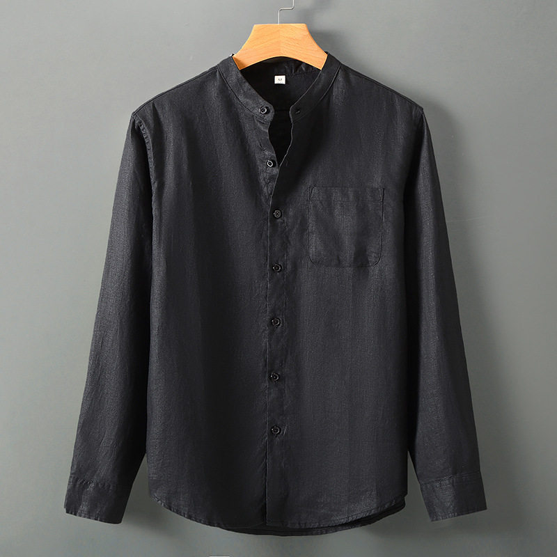 套装亚麻长袖衬衫男中国风休闲纯麻口袋宽松开衫长裤麻料外穿