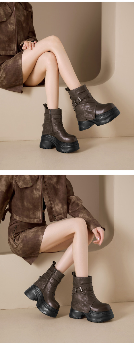 Boot nữ cổ thấp tăng chiều cao 12cm đế dày khóa kéo bên hông — Kaki lót đơn, Lớp lót đơn màu đen, Lớp lót đơn màu nâu, Lót nhung đen