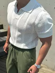 American-style mercerized cotton ice-silk polo shirt men's breathable hollow-out short-sleeved sweater lapel mesh tight-sleeved knitted T-shirt