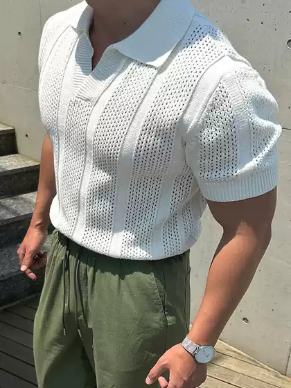 American-style mercerized cotton ice-silk polo shirt men's breathable hollow-out short-sleeved sweater lapel mesh tight-sleeved knitted T-shirt