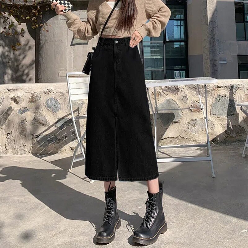 A Line High Waisted Denim Midi Skirt Black Split Design Loose Fit Flattering for Curvy Figures Perfect for Spring