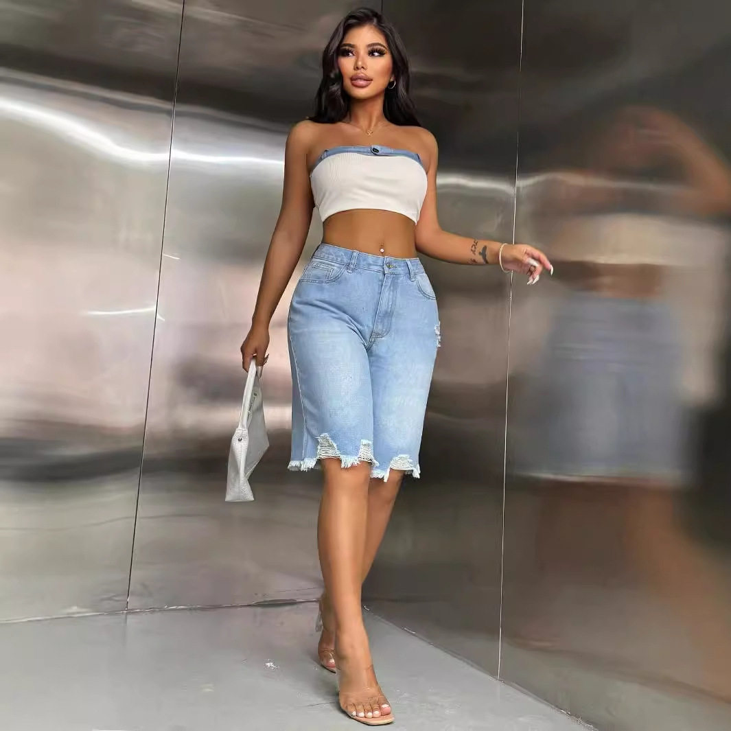 Fashionable Womens Distressed Wide Leg Straight Leg Denim Pants Frayed Hem Casual Style Wholesale Available