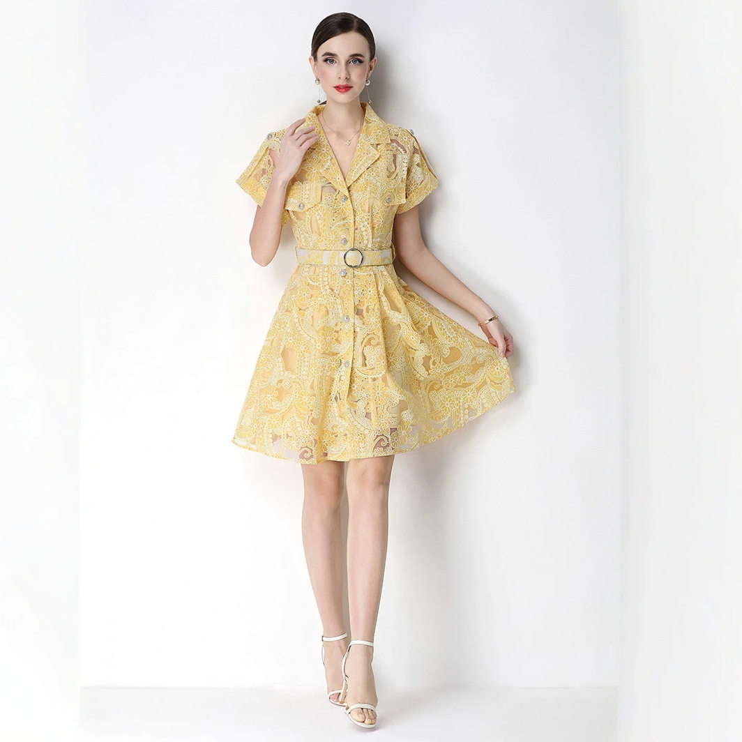 French Romantic Style Embroidered Lace Dress Short Sleeve Hollow Out Slim Fit Summer Fashion Wholesale Available
