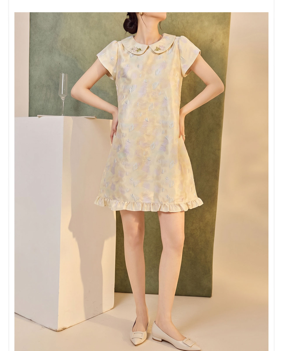 Đầm liền họa tiết jacquard cổ búp bê tay ngắn dáng chữ A — Phô mai vàng (giao hàng trong 7 ngày), Phô mai vàng (giao hàng trong ngày)
