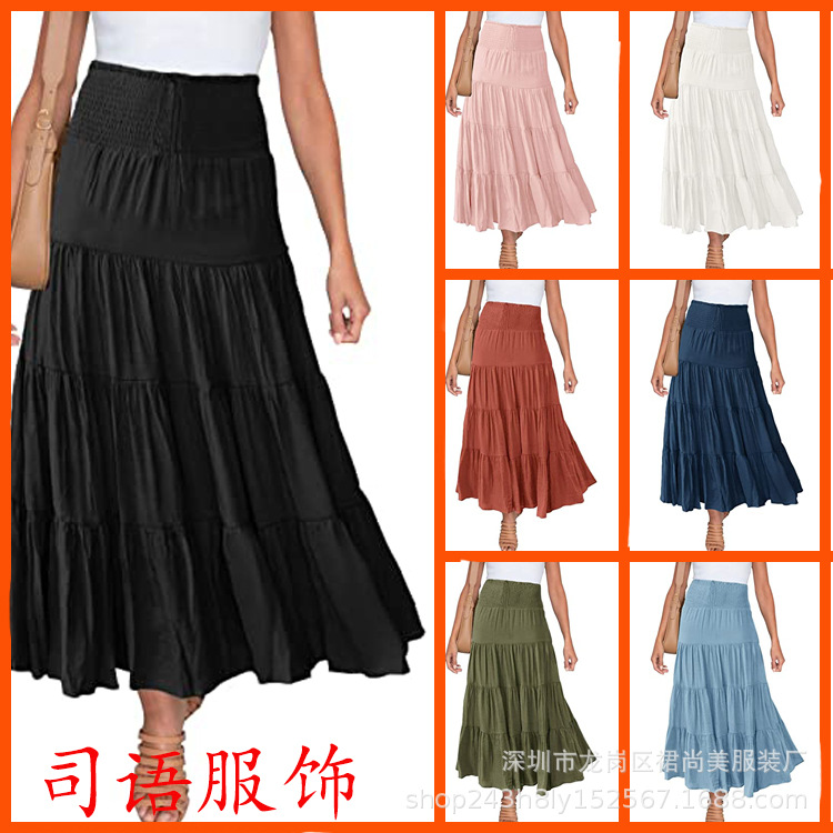 2022 Cross-border European and American Women's Summer Stretch High Waist Bohemian Style Long Dress Casual Drawstring A- line Long Dress