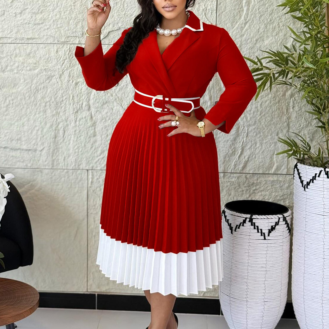 Color Block A Line Dress Long Sleeve Pleated Solid Color Autumn Winter Fashion for Women Wholesale Available
