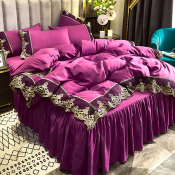 Cross-border Amazon light luxury European-style brushed embroidered lace bedspread four-piece solid color bed skirt three-4-piece set Wholesale