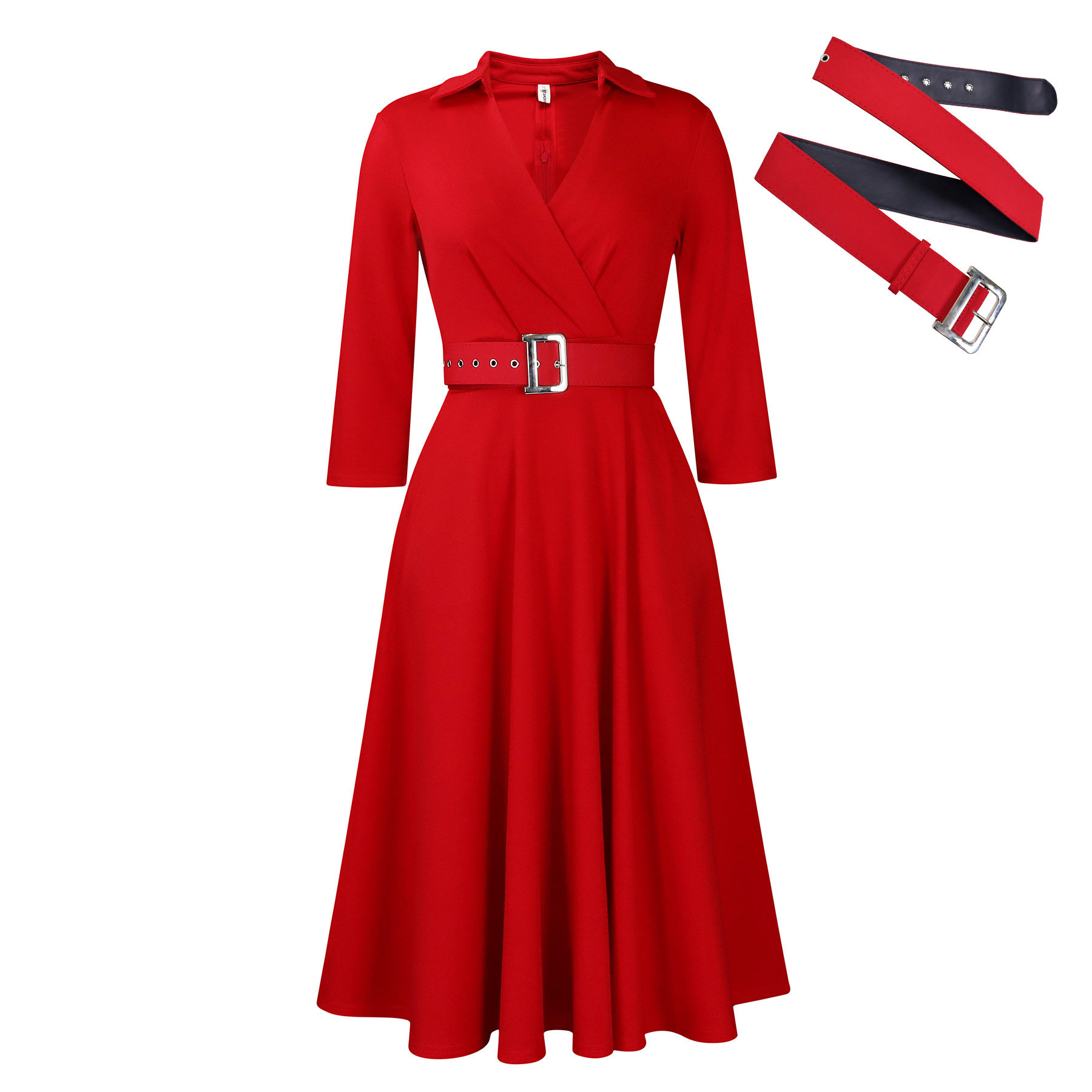 Plus Size Womens Dress Autumn Collection Stylish Lapel Design Solid Color Flared Skirt Wholesale Availability