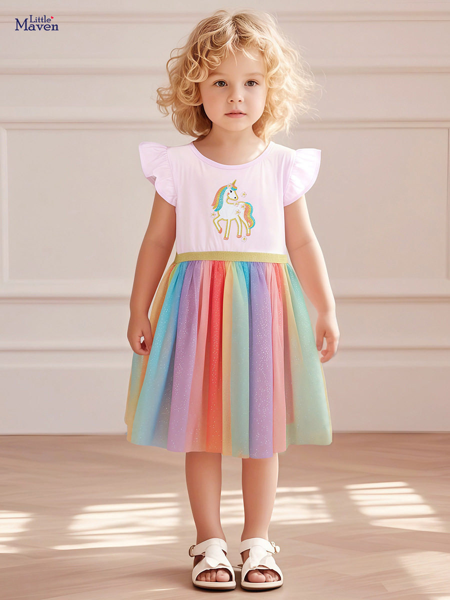 Custom-made Cartoon Tulle Girls' Skirt, Summer Short-sleeve Dress, Cotton Applique Kids' Dress