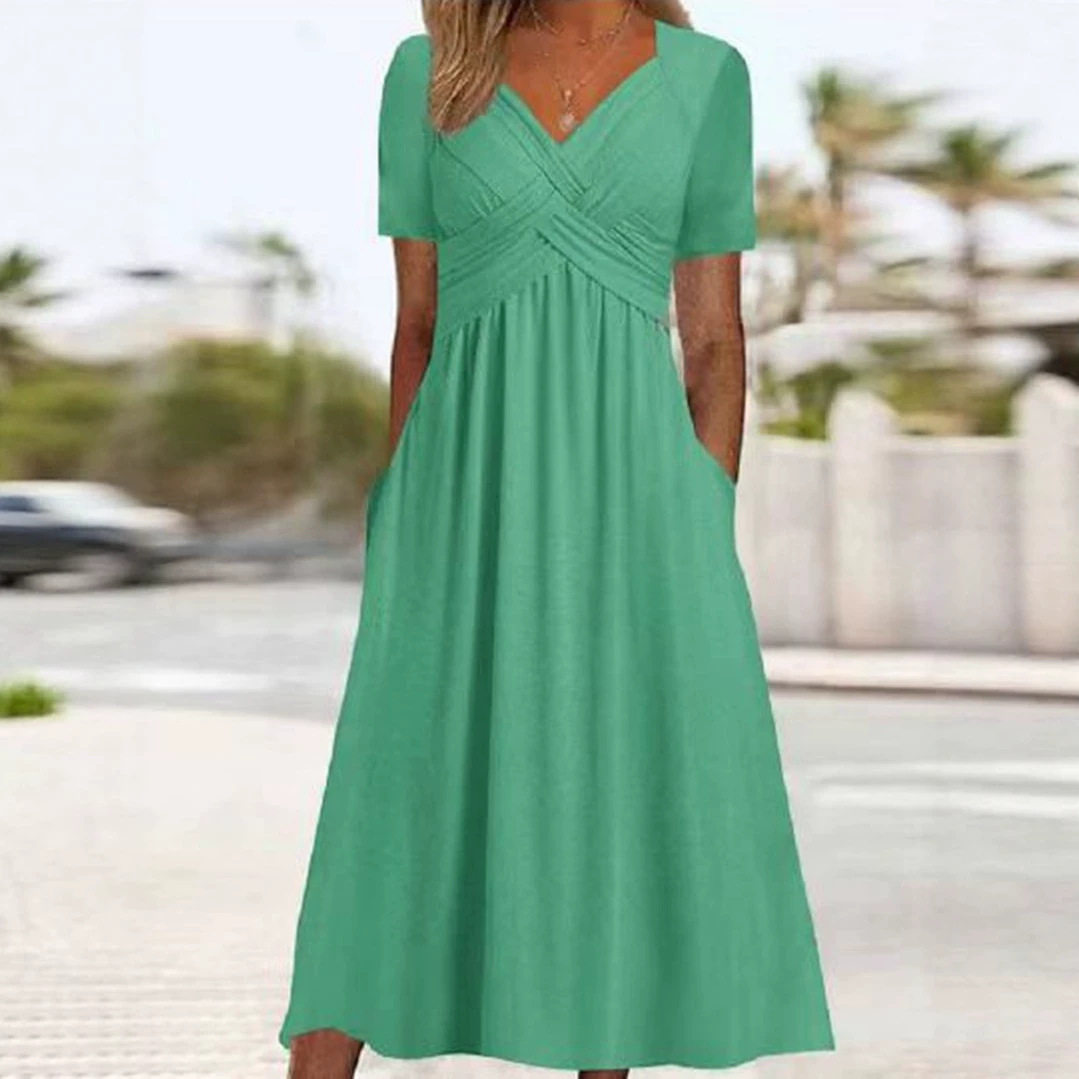 Summer Casual Solid Color V Neck Short Sleeve Pocket Dress for Women Trendy Comfortable Versatile Wholesale Available