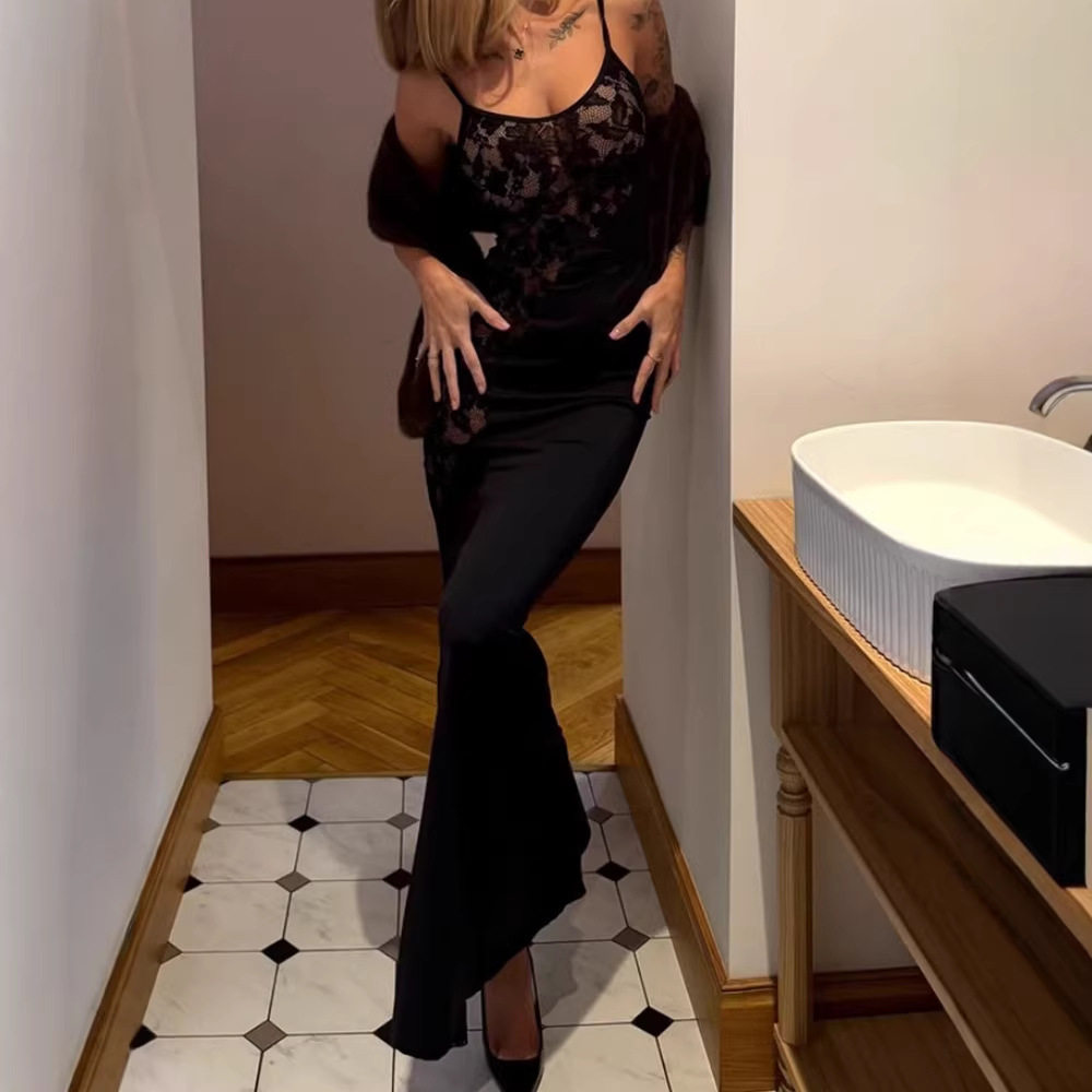 Lace Panel Irregular Hollow Out Bodycon Maxi Dress Slim Fit Elegant Style Solid Color Perfect for Parties and Special