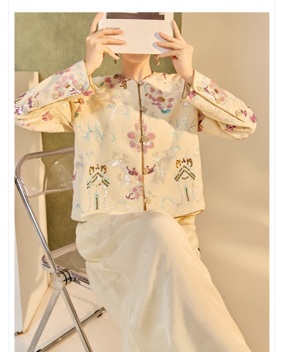 Set áo vest và áo khoác ngắn nữ thêu họa tiết hoa — áo khoai tây, Áo vest màu tím sốt, áo vest trắng đính cườm, Áo khoác màu tím sốt