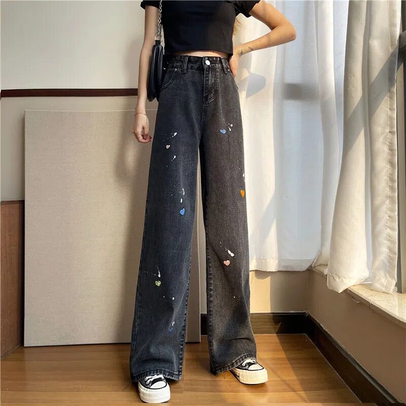 High Waisted Loose Fit Denim Pants Vintage Ink Splash Heart Design Casual Spring Fall Wear Wholesale Available