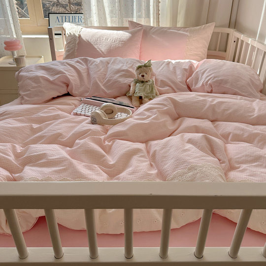Class a French Style Small Fresh Wrinkled Gauze Lace Lace Washed Cotton Bed Three or Four Piece Set Dormitory Fitted Sheet Three Piece Set