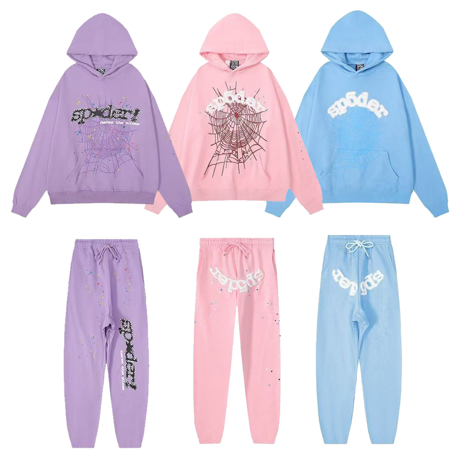 跨境爆款连帽衫555555美潮街头重磅宽松Sp5der卫衣卫裤男套装现货