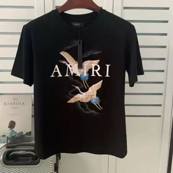 Spring and Summer New amiri Cotton amiri Crane Loose Pullover Short-sleeved T-shirt Internet Popular for Lovers