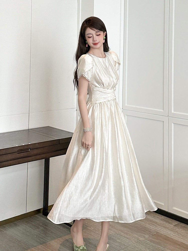 Đầm maxi nữ cổ tròn tay bồng phong cách Pháp — [Màu hồng đào] chi tiết 11