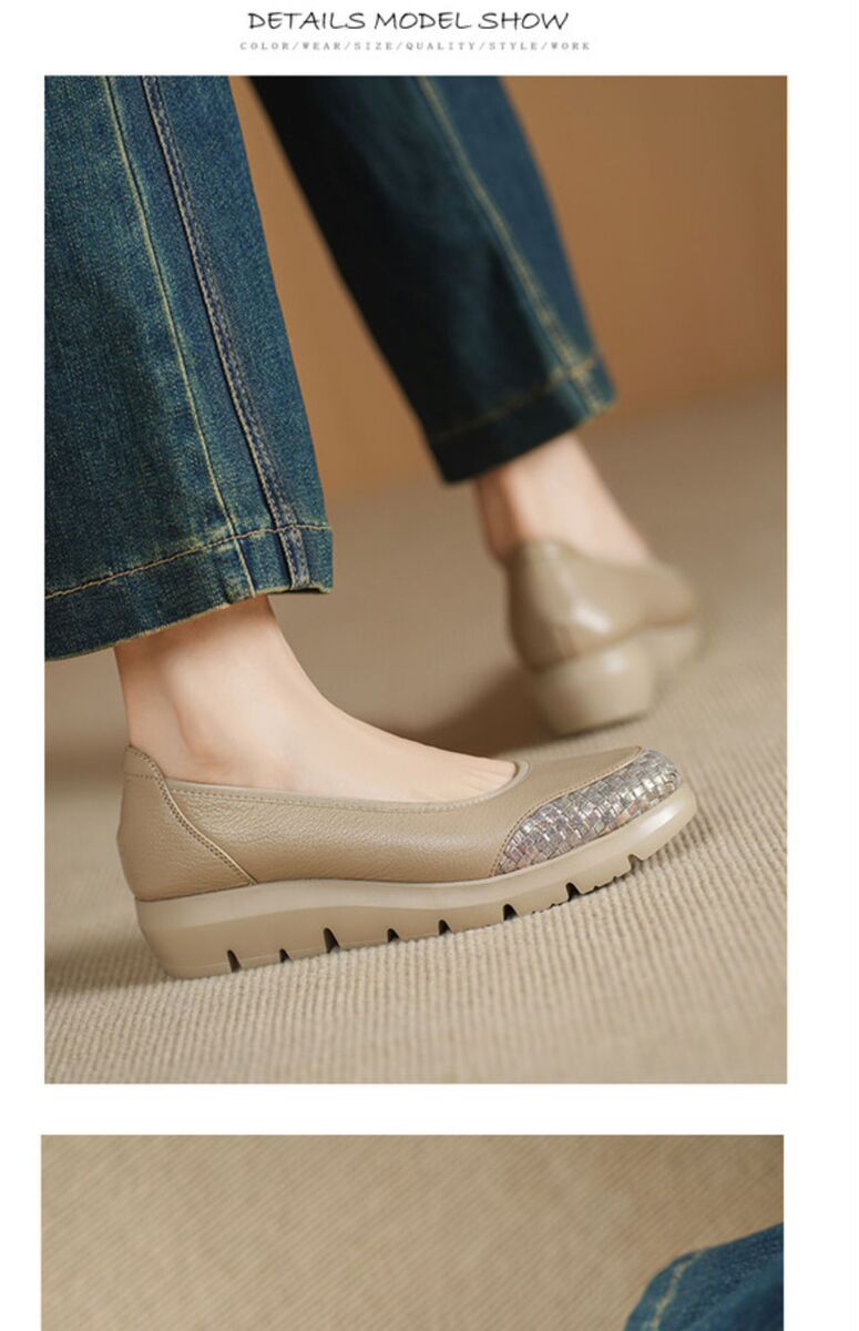 Giày lười nữ mũi tròn gót vừa 4.5cm đế cao su mềm chống trượt — màu đen, quả mơ