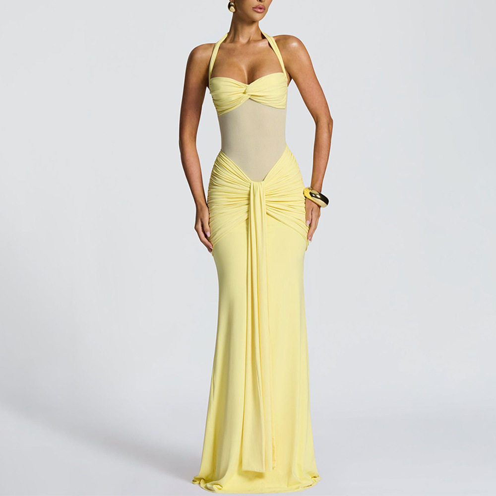 Sleeveless Bodycon Dress Solid Color Halter Neck Backless Sexy Fit Evening Wear Cocktail Party OEM Available