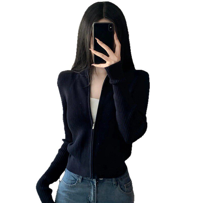 【黑标系列 极简风 韩单客订柔软美丽诺羊毛双开拉链针织衫女时髦