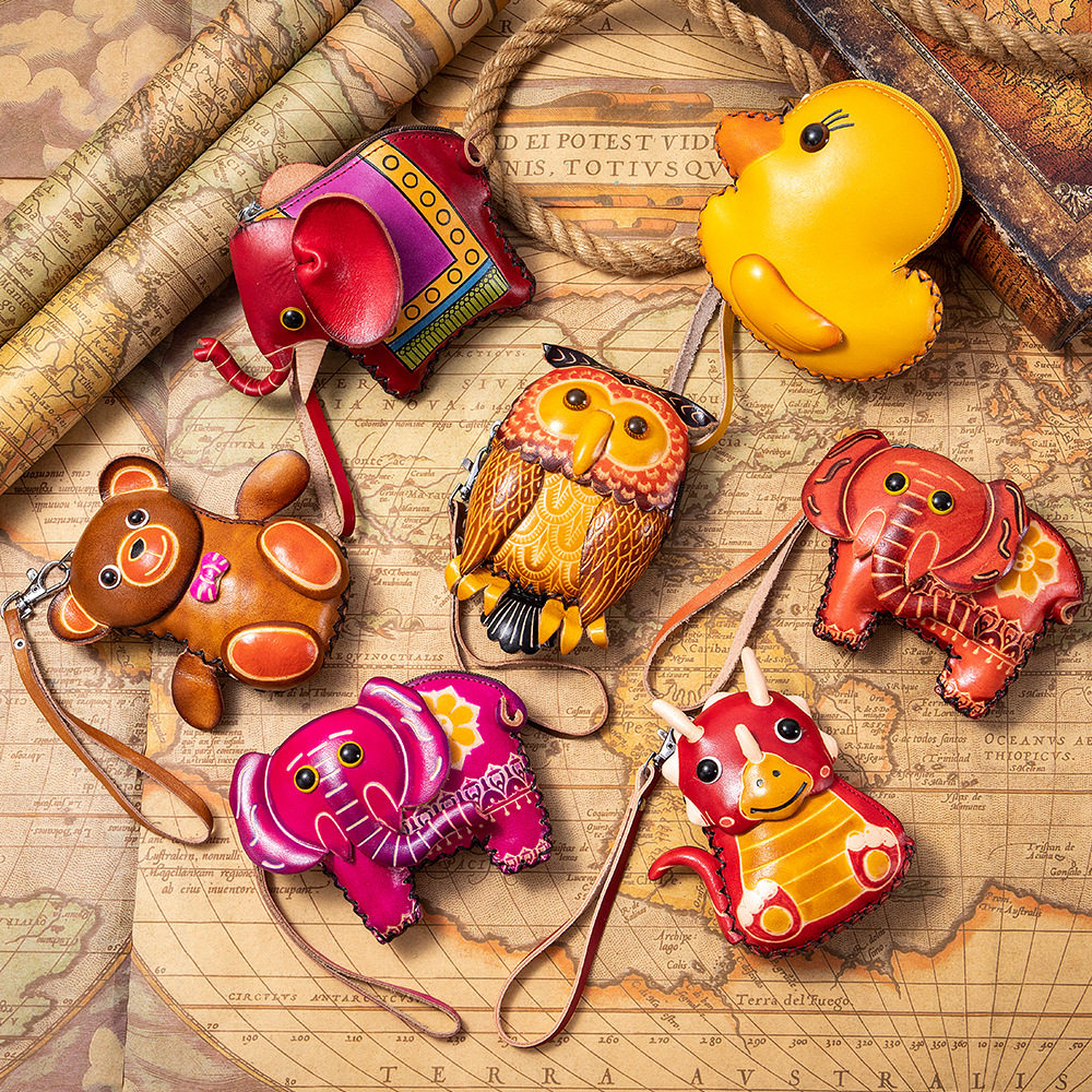 Cowhide Creative Handmade Coin Purse Genuine Leather Wrist Bag Key Case Coin Bag Zodiac Animal Storage Bag