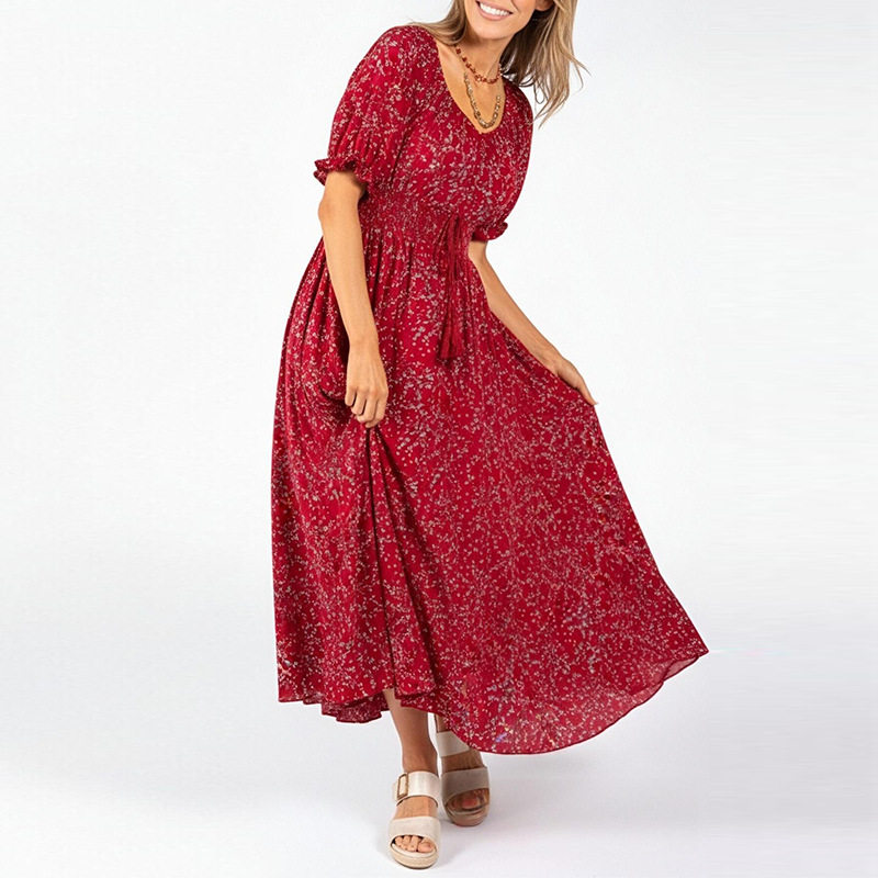 Elegant Floral Print Puff Sleeve Dress Spring Collection Waist Defined Silhouette Suitable for Casual or Formal