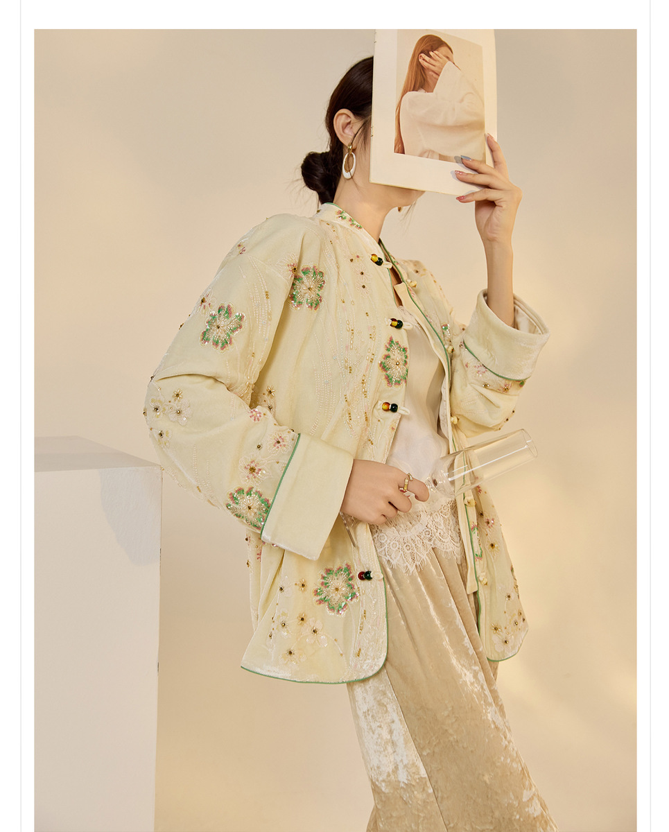 Áo khoác dạ nữ thêu cườm cổ đứng dáng suông — mơ, Mơ [phiên bản cotton]