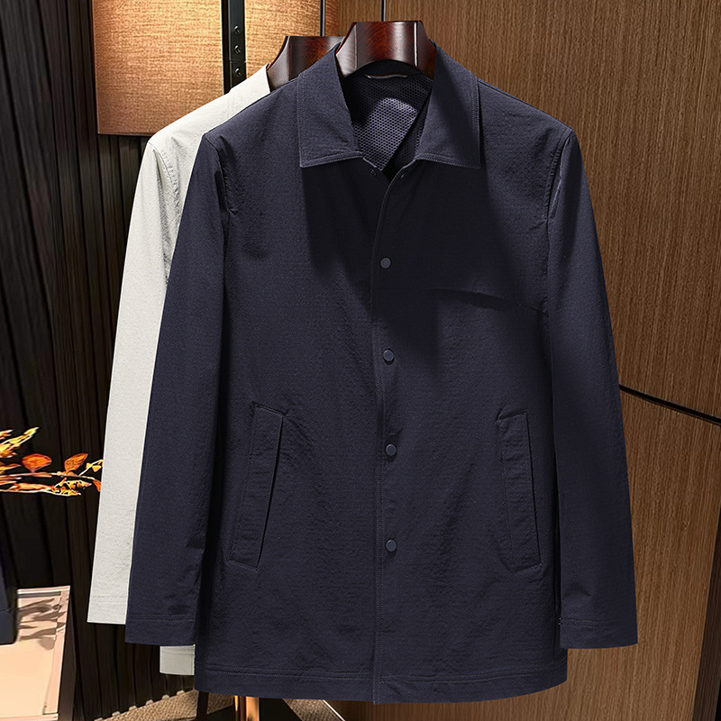 Áo khoác măng tô nam dáng lửng chất liệu lụa sữa pha nylon co giãn, phong cách công sở và thường ngày — Màu be, Xanh tím than