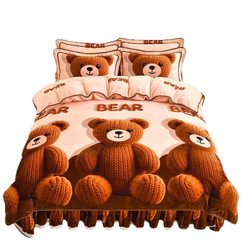 Class a Thickeneded Milk Velvet Four-Piece Autumn and Winter Cartoon Bed Skirt Quilt Cover Double-Sided Coral Velvet Bed Three-Piece Quilt Cover