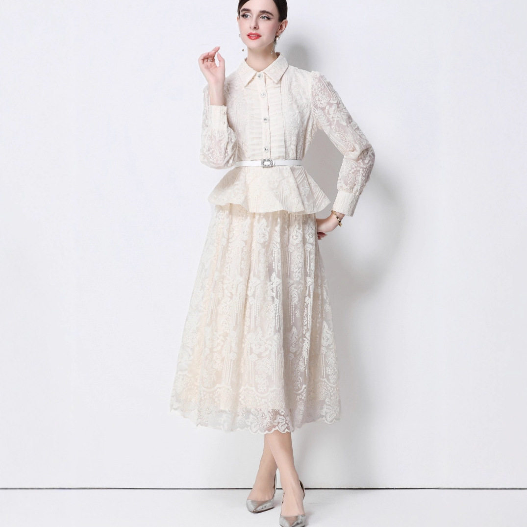 French Style Embroidered Chiffon Dress Ruffled Hem Waist Defining Elegant Design Perfect for Formal Events