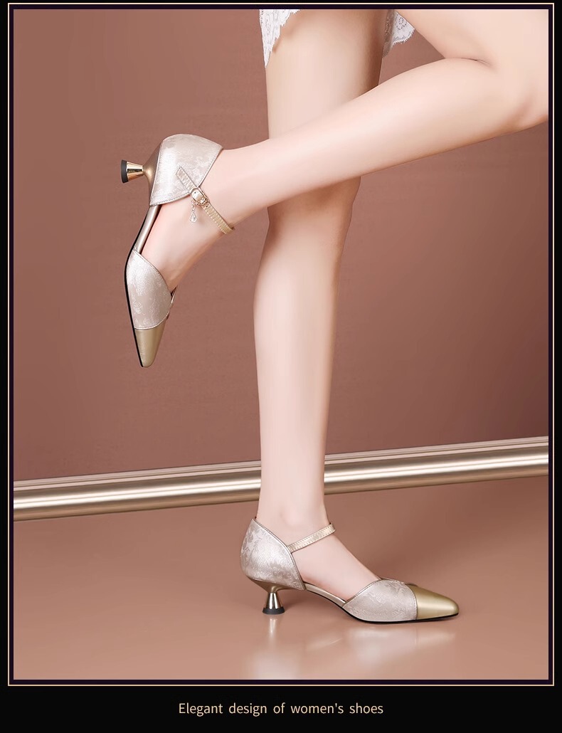 Sandal nữ quai ngang mũi nhọn gót vừa 5cm thanh lịch — Màu Sâm panh, Màu xanh lá