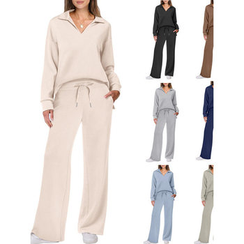 Amazon European and American Spring and Autumn New Fashion Casual Women's Long-Sleeve Drawstring Solid Color Commuter Pants Set