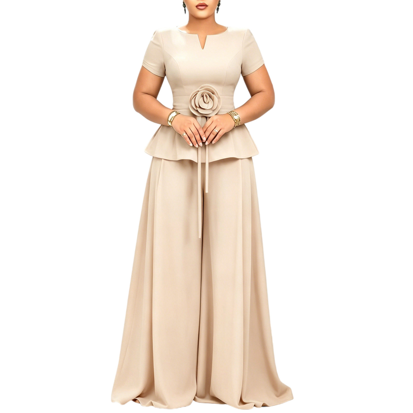 Elegant Plus Size Ruffled Sleeve Top and Wide Leg Pants Set Summer Fashion Casual Wear Wholesale Available