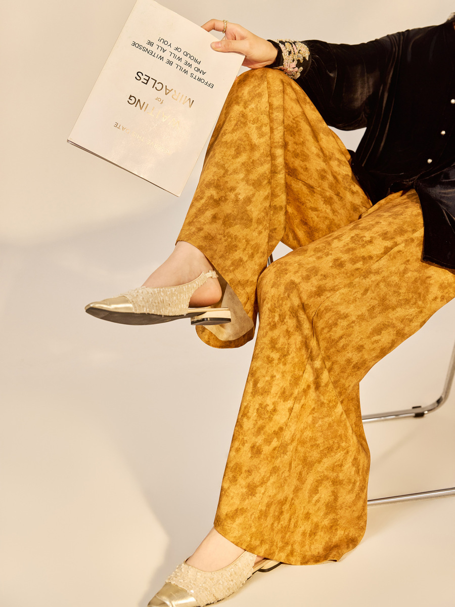Quần ống rộng nữ họa tiết in hai mặt thắt lưng dây buộc phong cách nhẹ nhàng P9028 — Amber (7 ngày)