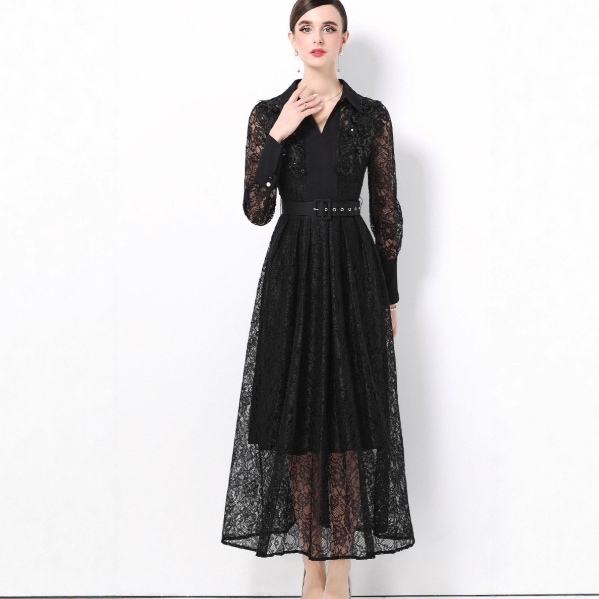 French Style Long Sleeve Dress Exquisite Beaded Sequin Embellishments Lace Flared Hem Elegant Evening Gown Custom