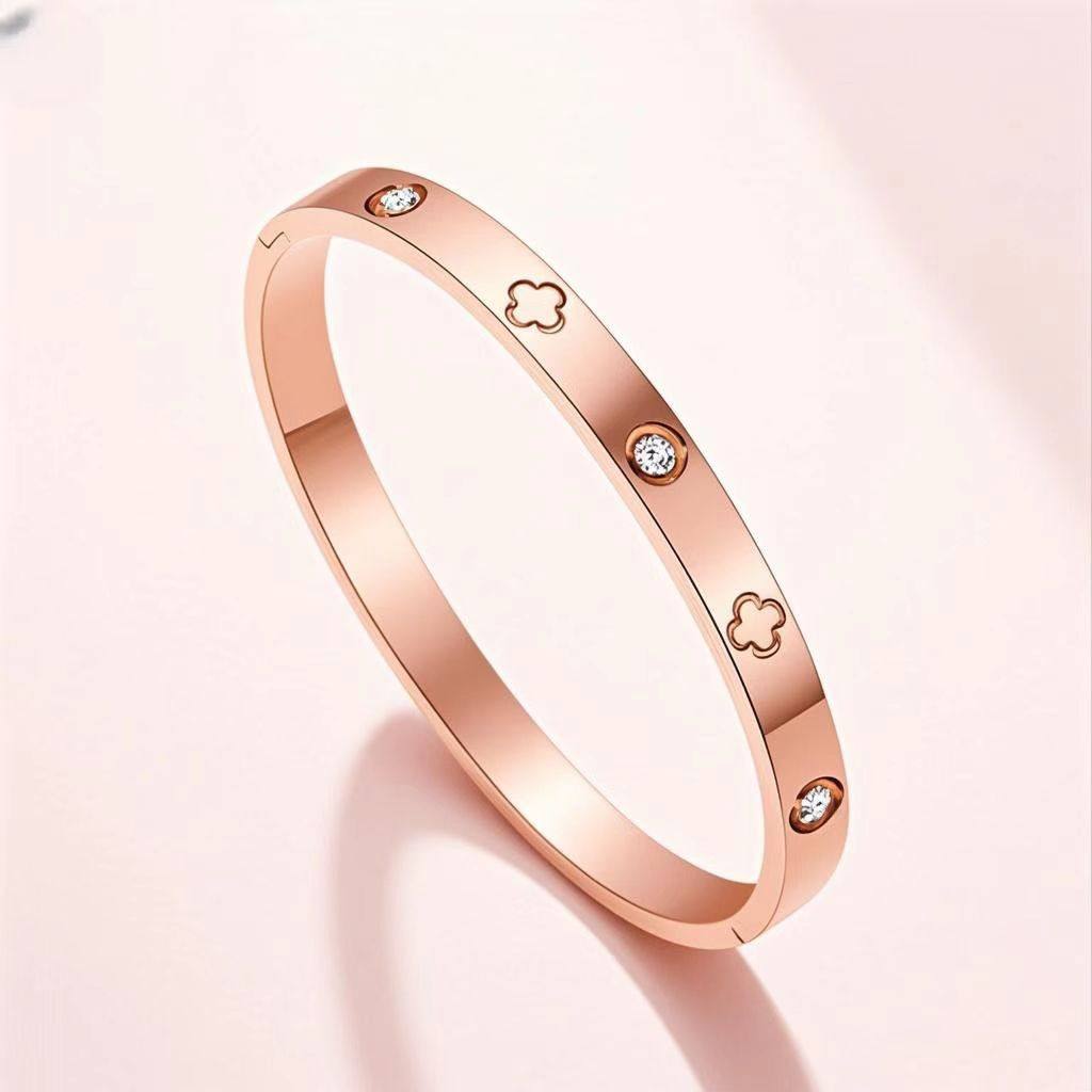 玫瑰金跨境钛钢女款手镯不锈钢轻奢高级感小众时尚锆石手环手镯