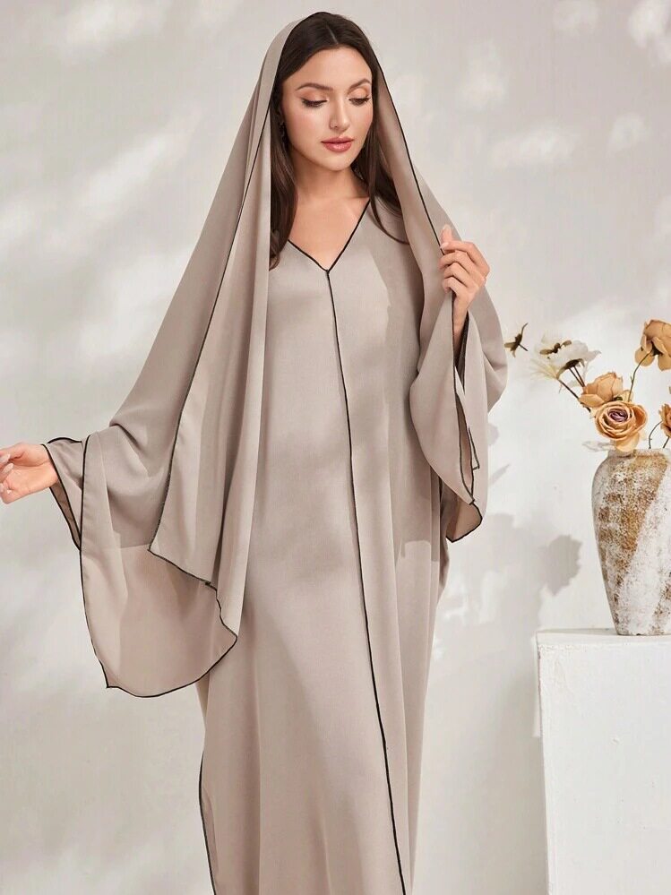 Al Najma Womens Solid Color V Neck Batwing Sleeve Loose Str