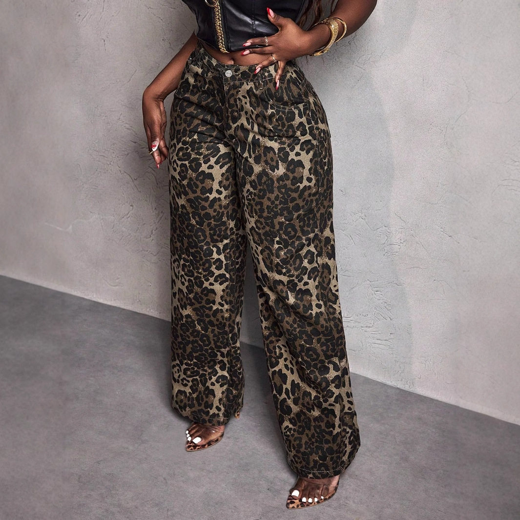 High Waisted Wide Leg Jeans Leopard Print Straight Cut Casual Style Wholesale Availability low MOQ