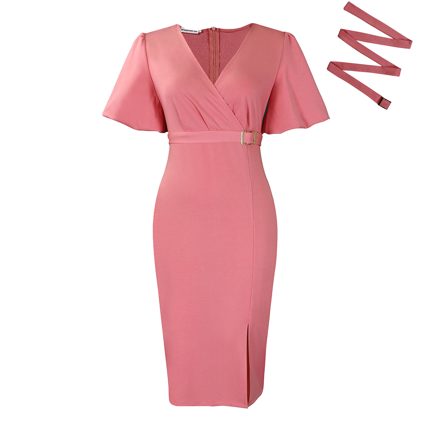 Fashionable V Neck Puff Sleeve Bodycon Dress Solid Color Waist Defined Side Slit Perfect for Parties or Events