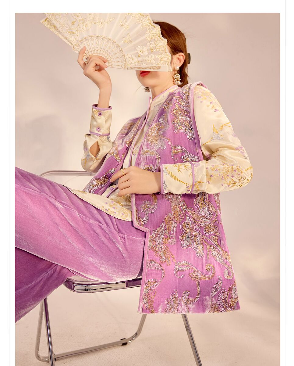 Set áo vest gile và sơ mi nữ cổ đứng thêu hoa kèm quần dài — quần dài, áo ghi lê, áo sơ mi
